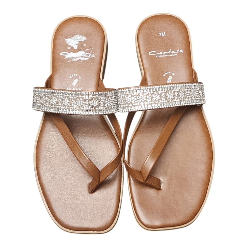 Contesa Women's Tan Sandals with Silver Rhinestone Accents Size 7
